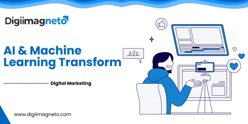 Illustration showing a digital marketer using AI and machine learning tools with a laptop, camera setup, and social media icons, promoting how machine learning transforms digital marketing.