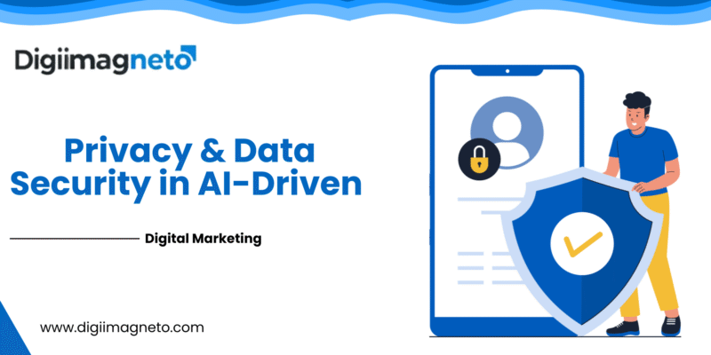 Illustration of data privacy and security in AI-driven digital marketing with a shield, lock icon, and a user profile on a mobile screen.