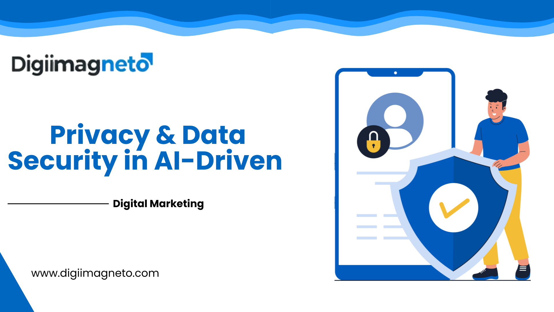 Illustration of data privacy and security in AI-driven digital marketing with a shield, lock icon, and a user profile on a mobile screen.