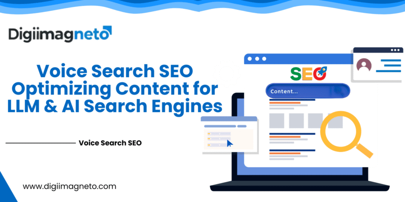 Voice Search SEO illustration showing content optimization for LLM and AI search engines on a laptop screen with SEO elements and search interface.