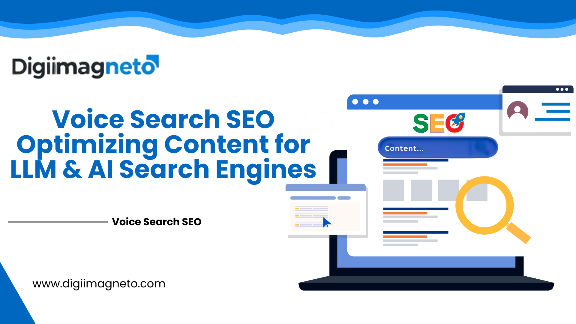 Voice Search SEO illustration showing content optimization for LLM and AI search engines on a laptop screen with SEO elements and search interface.