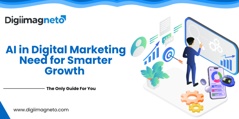 AI in Digital Marketing illustration showing analytics, automation tools, and business growth insights for smarter marketing strategies.
