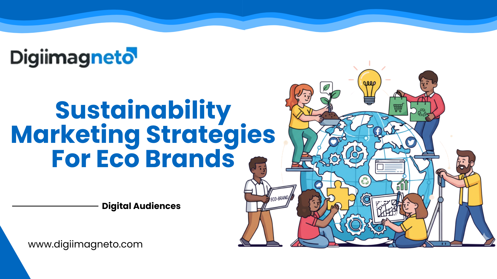 Illustration of people promoting sustainability marketing strategies around a globe, showing eco-friendly digital campaigns, green consumer behavior, and eco-brand engagement.