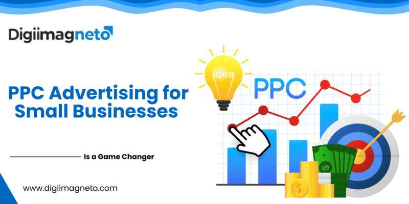 PPC advertising for small businesses concept with growth chart, target, money stack, and digital marketing elements by Digiimagneto.
