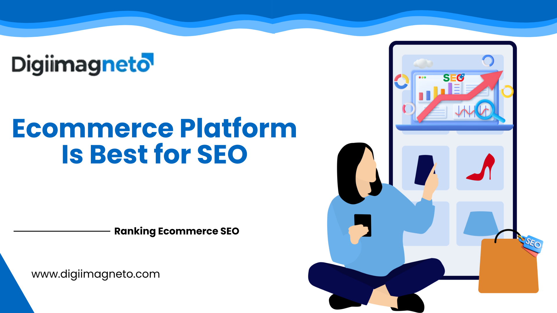 Illustration showing ecommerce platform SEO growth with analytics dashboard, rising graph, and online shopping interface for better search rankings