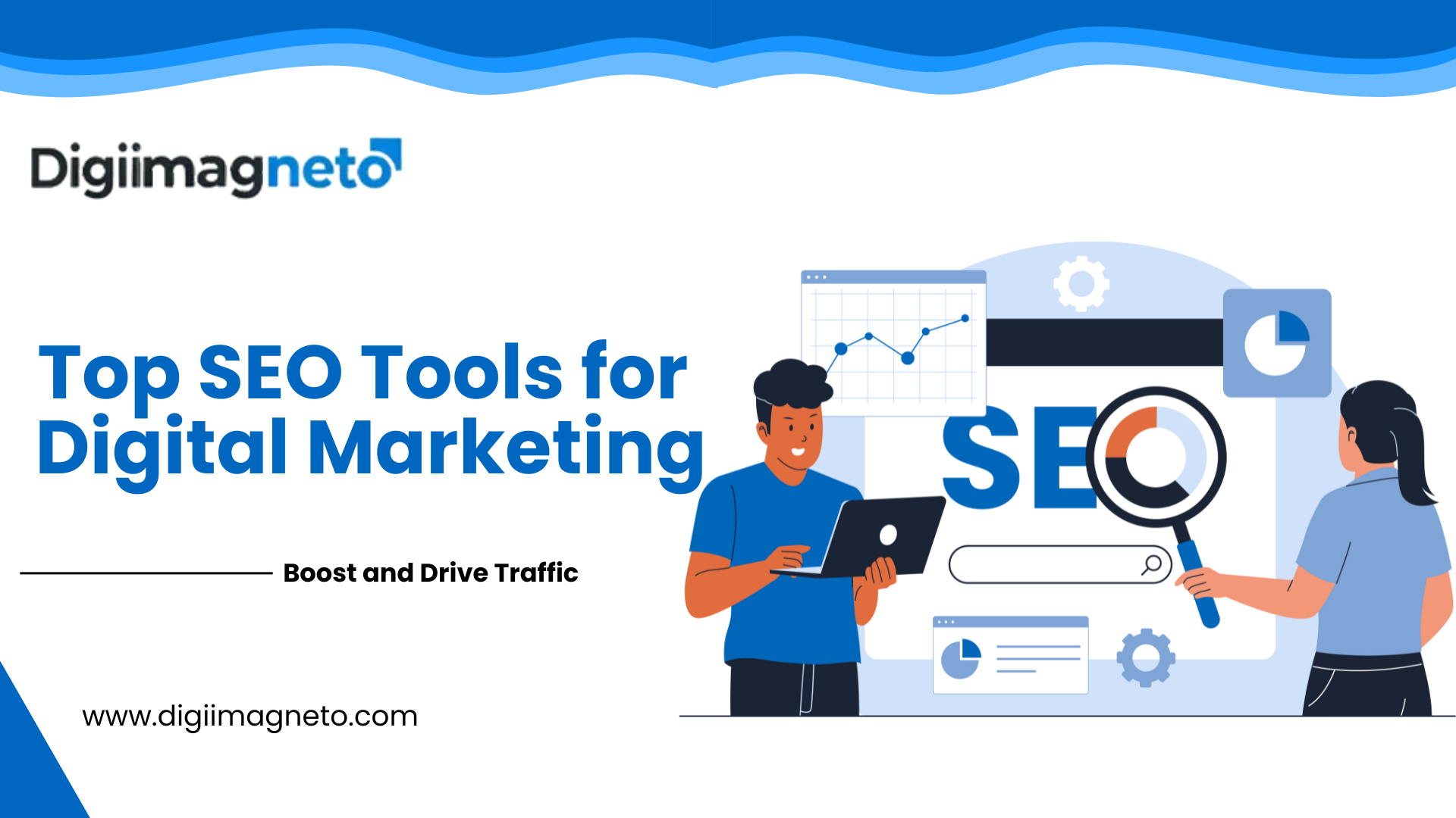 Top SEO tools for digital marketing illustration showing professionals analyzing SEO data to boost website traffic.