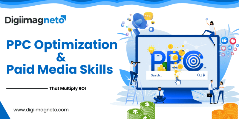 PPC optimization and paid media skills illustration showing ROI growth, targeted ads, analytics, and digital advertising strategy by Digiimagneto.