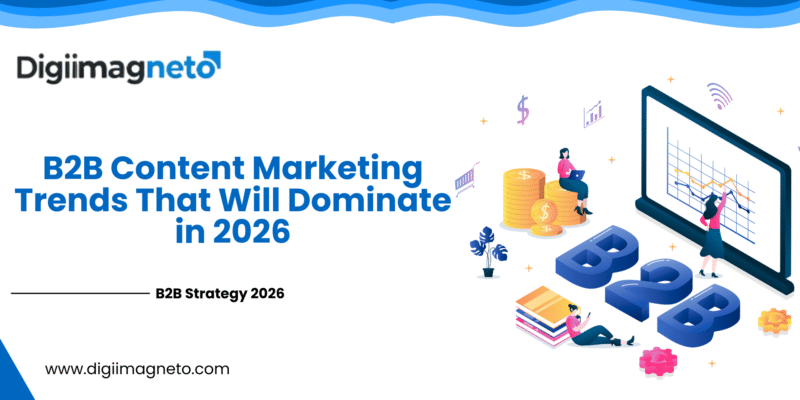 B2B content marketing trends 2026 illustration showing data analytics, AI-driven strategy, business growth charts, and digital marketing insights.