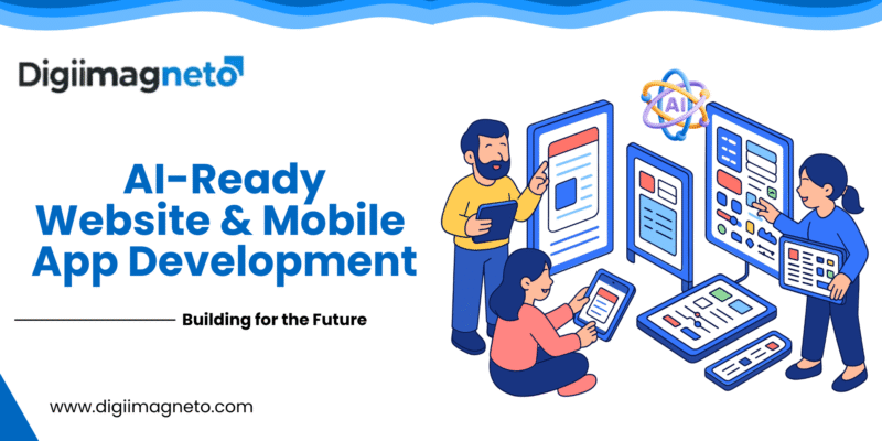 Illustration of a team developing AI-ready websites and mobile apps with multiple digital screens, symbolizing cloud-ready architecture and intelligent automation.