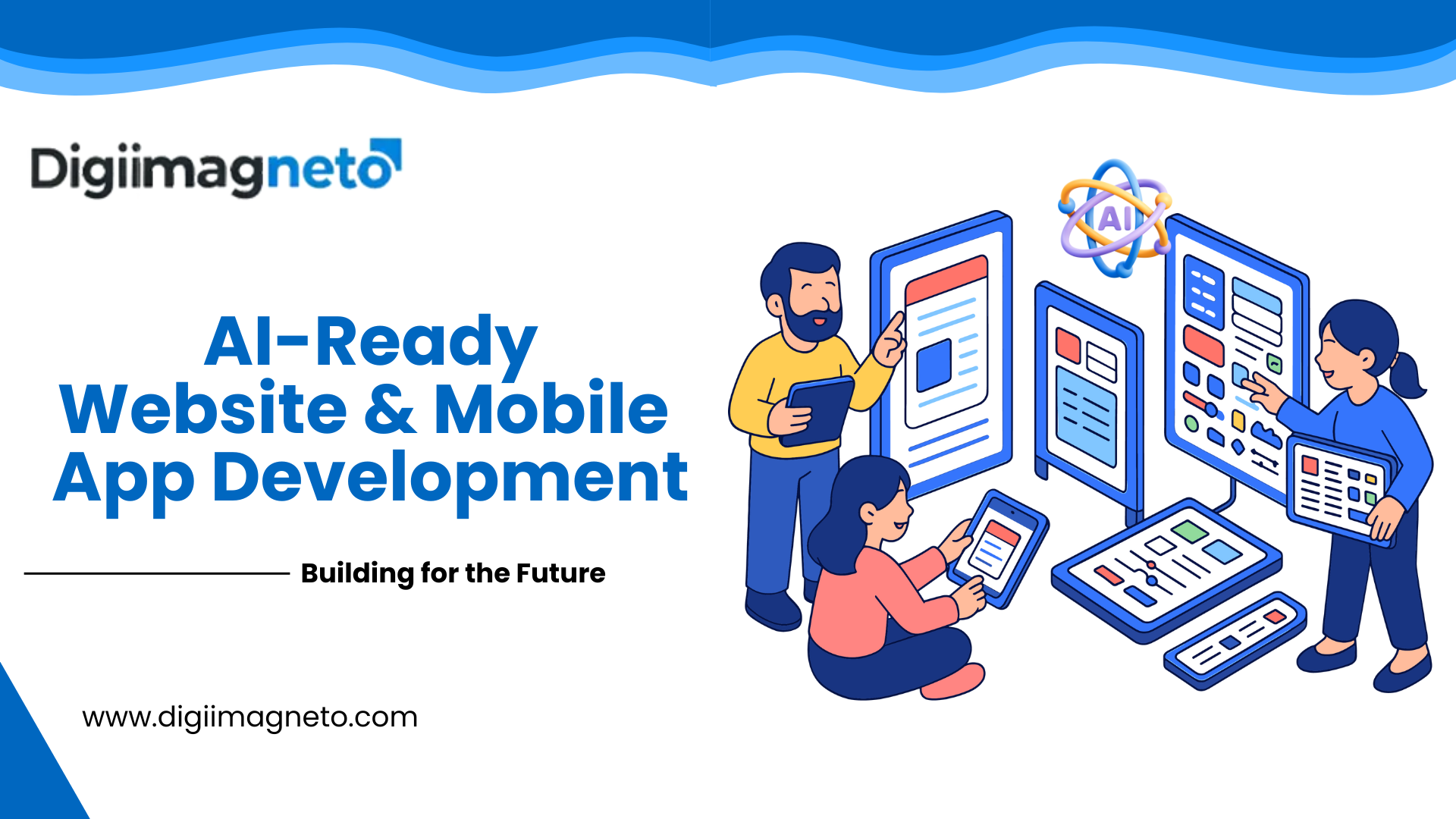 Illustration of a team developing AI-ready websites and mobile apps with multiple digital screens, symbolizing cloud-ready architecture and intelligent automation.