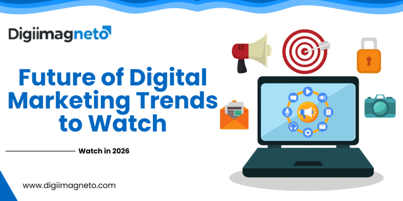 Future of digital marketing trends to watch in 2026 featuring AI, content marketing, email marketing, branding, and online security icons on a laptop screen.