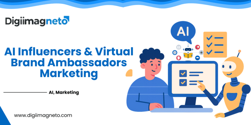 AI influencers and virtual brand ambassadors marketing concept illustrated with a human and AI robot collaborating on a digital marketing dashboard by DigiiMagneto.