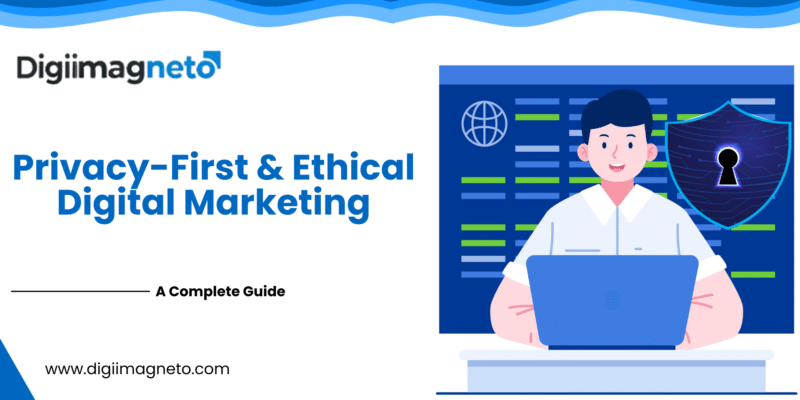 Privacy-first and ethical digital marketing illustration showing a marketer using a laptop with data security shield and privacy protection concept