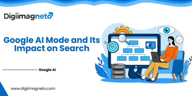 Google AI Mode and its impact on search illustrated with AI-powered search structure, SEO analytics, and digital marketing elements on a modern screen