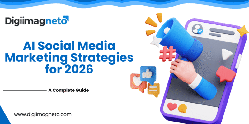 AI social media marketing strategies for 2026 guide featuring digital megaphone, social media icons, and smartphone illustration by Digiimagnato