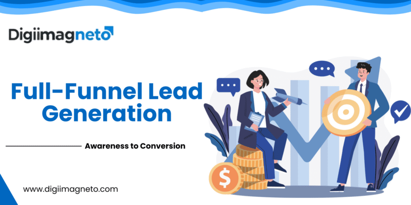 Full-funnel lead generation illustration showing professionals targeting audience segments from awareness to conversion.