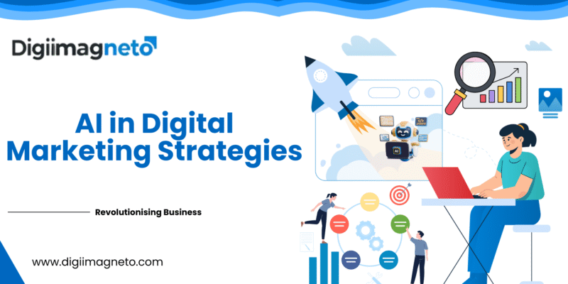 AI in Digital Marketing Strategies illustration showing analytics, automation, and business growth concepts with Digiimagneto branding.
