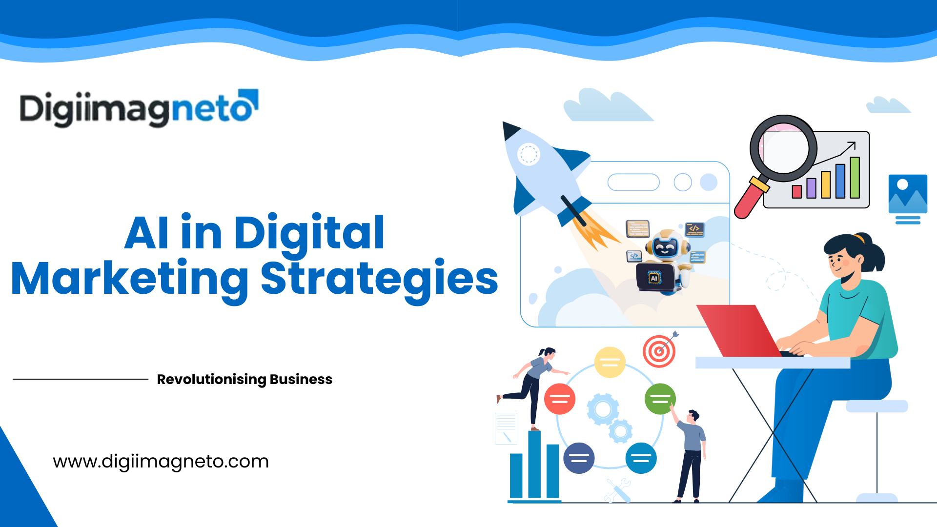 AI in Digital Marketing Strategies illustration showing analytics, automation, and business growth concepts with Digiimagneto branding.