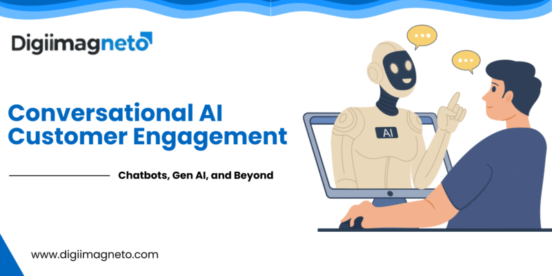 Illustration of a human interacting with an AI-powered chatbot emerging from a laptop, representing conversational AI for customer engagement.