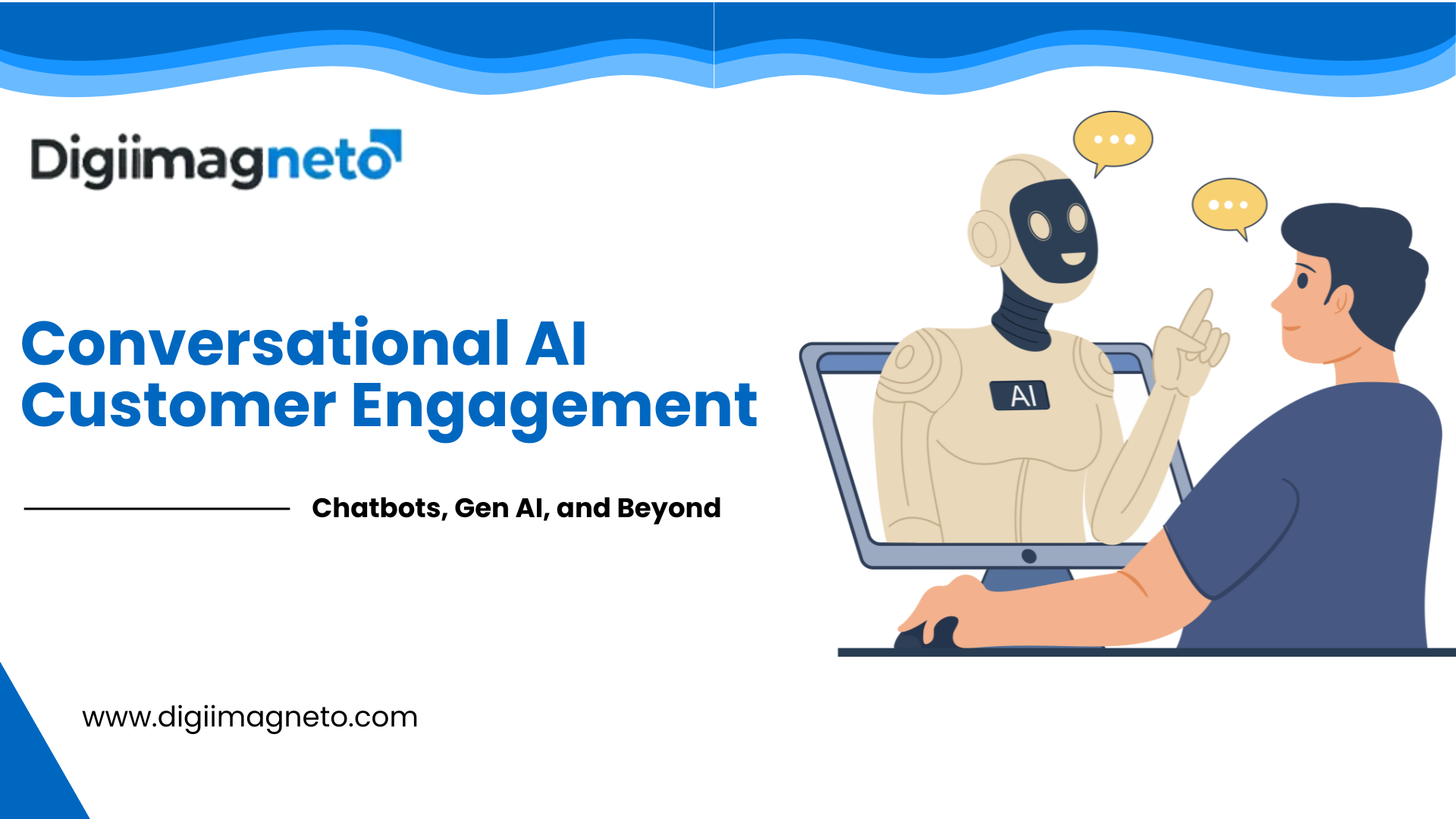 Illustration of a human interacting with an AI-powered chatbot emerging from a laptop, representing conversational AI for customer engagement.