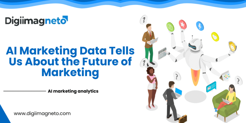 AI marketing analytics illustration showing a robot using data, automation, and machine learning insights to shape the future of digital marketing strategies.