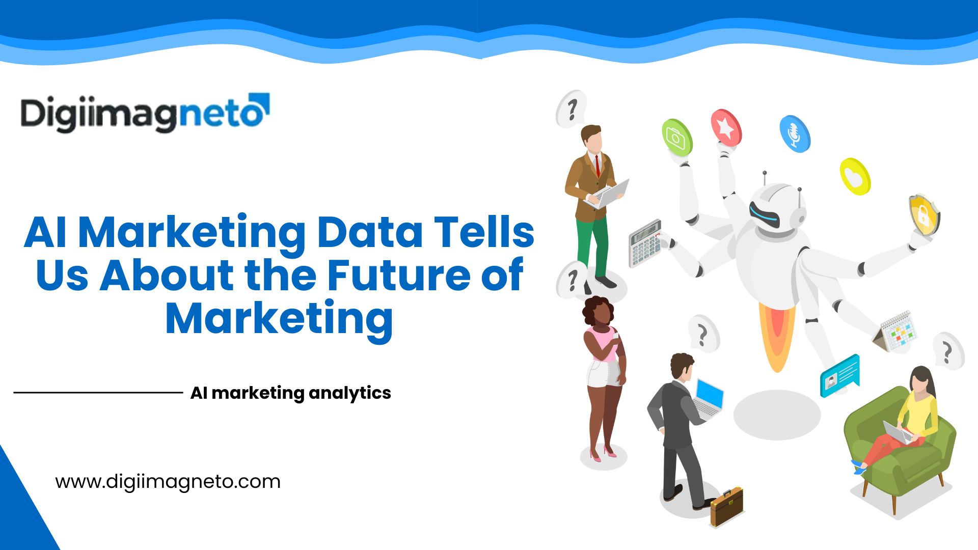 AI marketing analytics illustration showing a robot using data, automation, and machine learning insights to shape the future of digital marketing strategies.