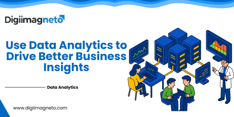 Data analytics illustration showing teams analyzing business data through dashboards, servers, and visual reports to generate actionable insights.
