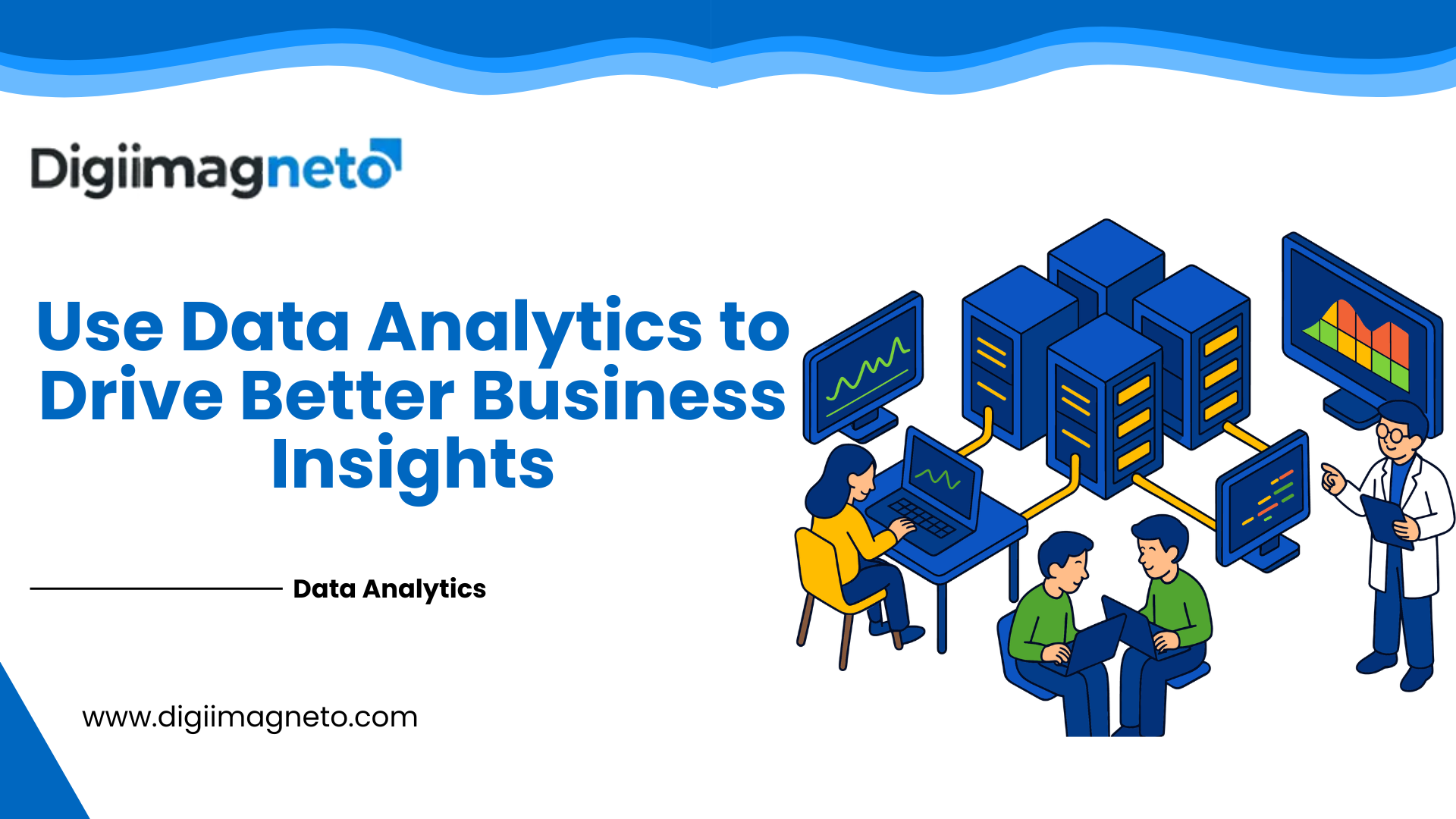 Data analytics illustration showing teams analyzing business data through dashboards, servers, and visual reports to generate actionable insights.