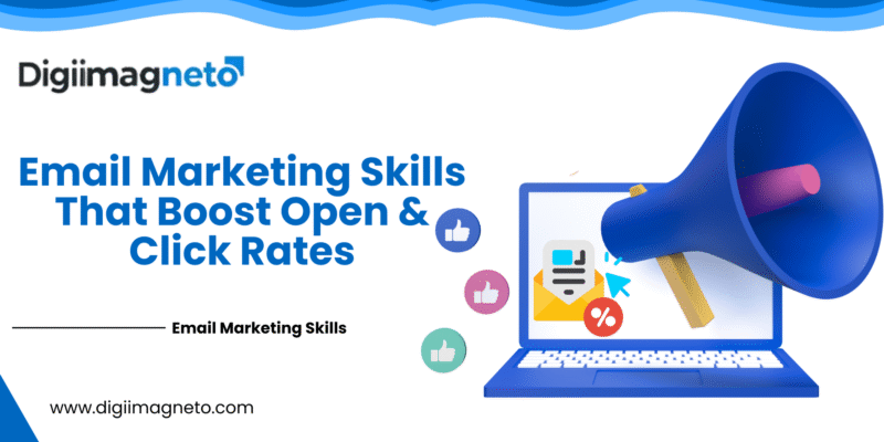 Email marketing skills illustration showing a laptop with email icon, discount symbol, and megaphone highlighting strategies to boost open rates and click-through rates by DigiiMagneto.