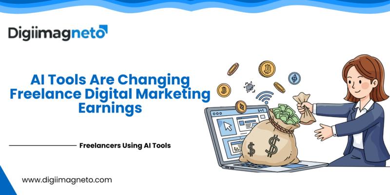 AI tools transforming freelance digital marketing earnings, illustrated with a freelancer using a laptop, money bag, and digital currency icons, by DigiiMagneto.