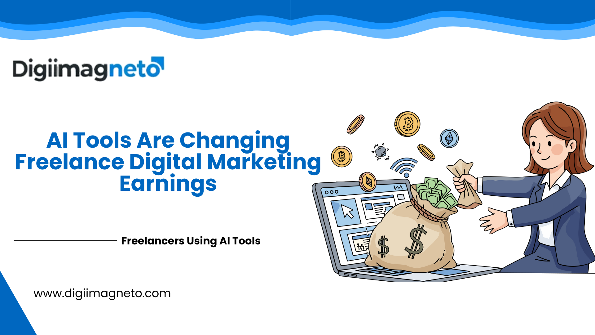 AI tools transforming freelance digital marketing earnings, illustrated with a freelancer using a laptop, money bag, and digital currency icons, by DigiiMagneto.