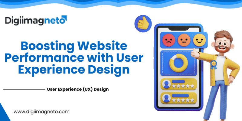 Boosting website performance with user experience (UX) design showing mobile interface, user ratings, and performance analytics by Digiimagnerto.