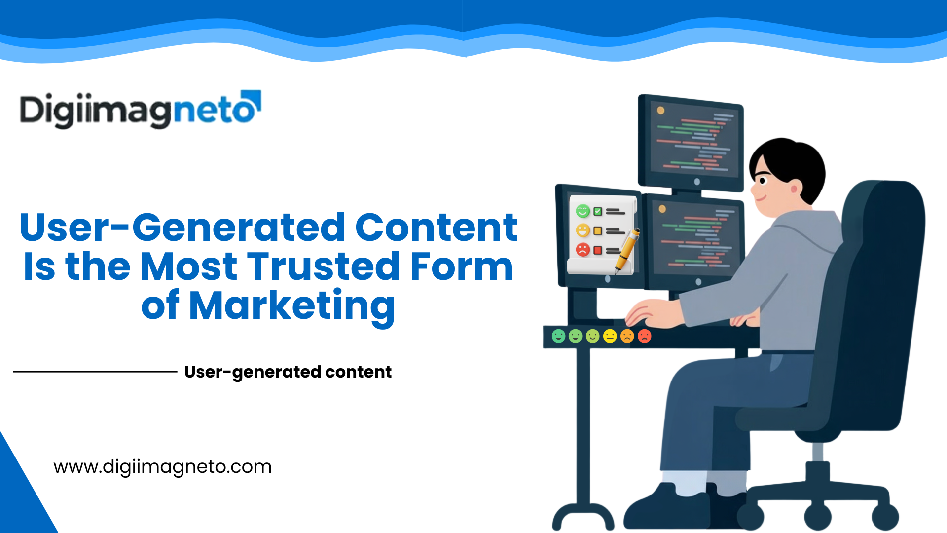 Illustration showing user-generated content marketing with customer feedback ratings and analytics dashboards, highlighting trust-building digital marketing strategies by DigiiMagneto.